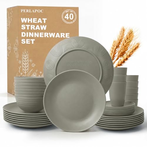 Image of Unbreakable Wheat Straw Dinnerware Set 40 PCS - Wheat Straw Plates and Bowls Sets With Cups for 8 Dishwasher & Microwave Safe Lightweight Dish Set for Party Camping Kitchen - Grey