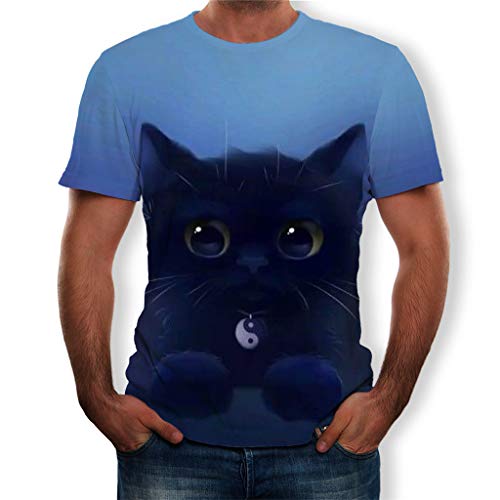 Worsworthy 2019 Manga Corta Estampado de Gato Negro Pequeño Camiseta se Manga Corta con Estampado Casual de Primavera y Verano Camiseta de Manga Corta Azul Hombre