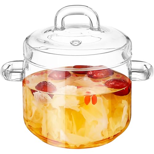 Hemoton Glass Dessert Bowl with Lid Double Handle Soup Bowl for Fruit Salad Noodles and Porridge Heat-Resistant for Microwave Heating 6.29 X 5.90 X 3.93 in