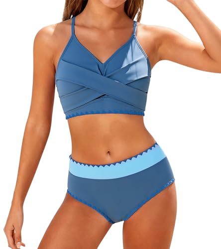 Kids4ever Girls Swimsuits 2 Piece Light Blue Color Block Teen Bikini Sets with Chest Pad Adjustable Straps Bathing Suits for Girls V Neck High Waisted Swimwear 15-16T