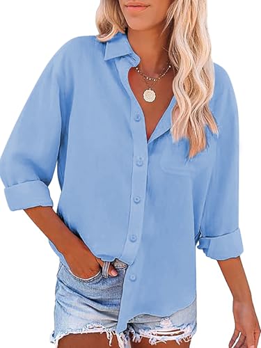 Friptspyg Blusa de Mujer con Cuello en V y Manga Larga 100% Algodón Casual con Bolsillo Suelta y Versátil para Verano, Azul Cielo M