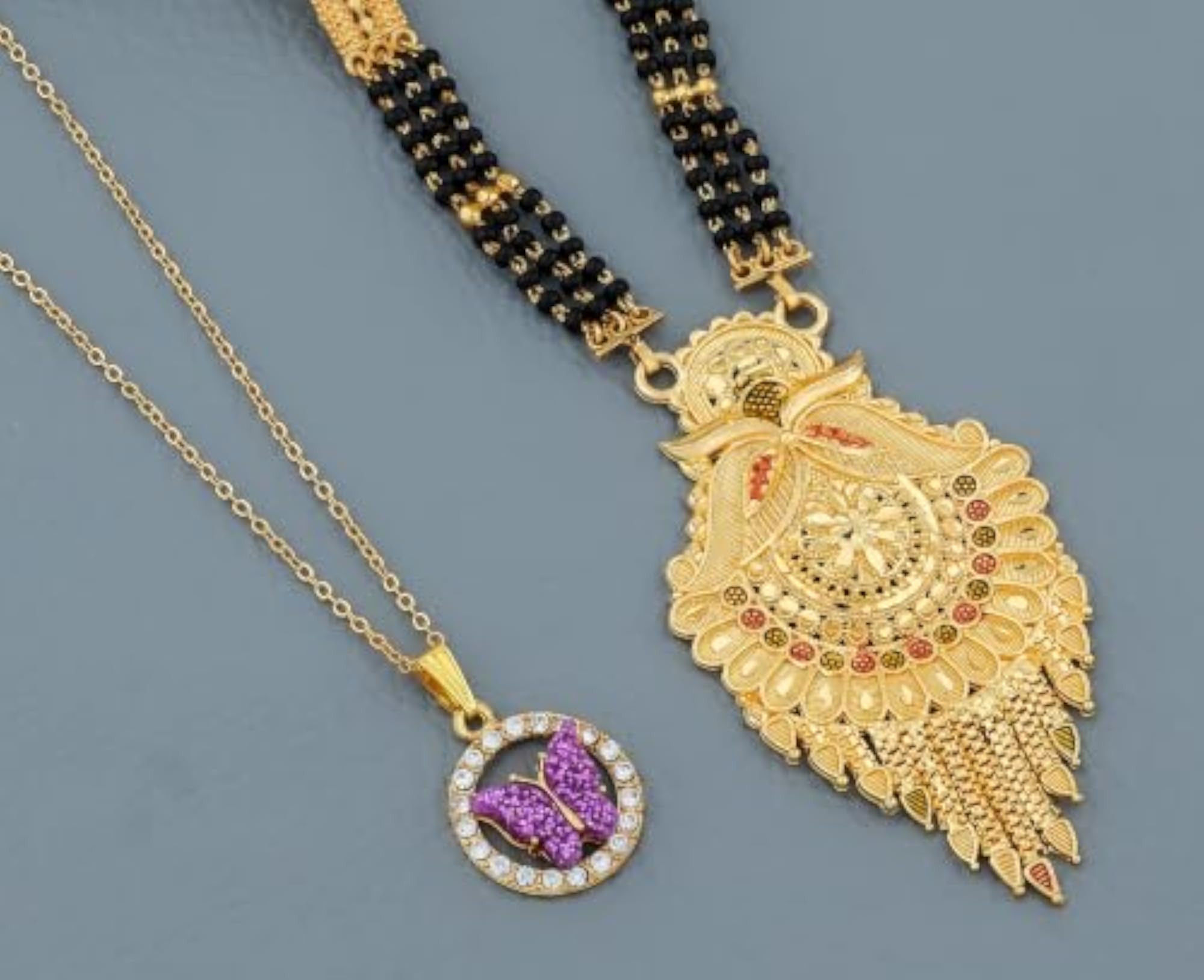 Women's Gold-Plated Long Mangalsutra with Butterfly Pendant Set