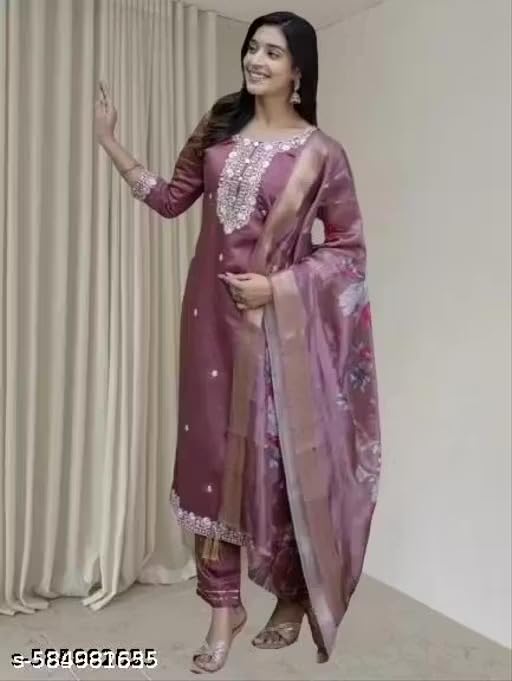 Image of Women's Chanderi Silk Kurti with Rayon Slub Pants & Dupatta | Printed Three-Quarter Sleeve Ethnic SetRound Wine