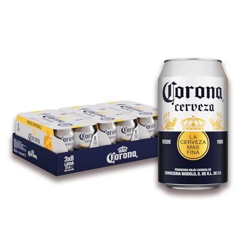 Corona, 3 Packs de 8 Latas x 33 cl, Cerveza Lager Ligera y Refrescante, Con Aroma Ligeramente Afrutado, 4.5% Volumen de Alcohol