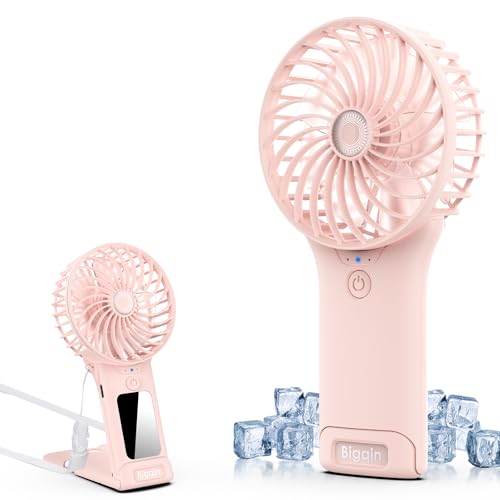 Bigqin Ventilador Mano Portátil USB, 2000 mAH 4 Velocidades Mini Ventilador Mesa mit Espejo, Mini Fan Silencioso Admirador Pequeño para Biblioteca Oficina Camping Picnic