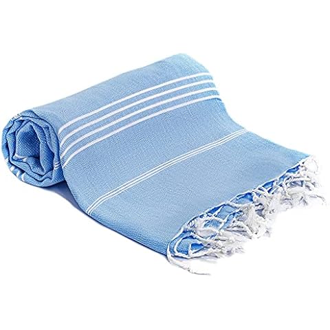 Large Turkish Peshtemal Bath Beach Towels Hammam Towels for Sauna, Spa, Yoga, Picnic and Beach - 100 x 180 cm - 39 x 71 inches (Light Blue, 1) Cover