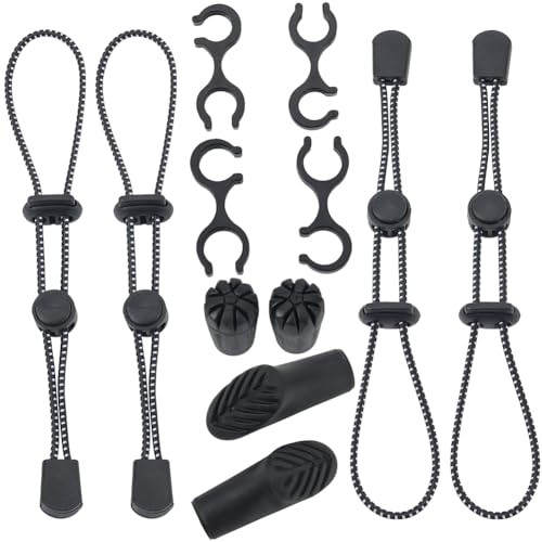 GORGECRAFT 4Pcs Backpack Hiking Stick Holder Strap Black Rubber Fixing Buckle Elastic Rope Lanyard Straps with Pole Tips Cane Clip for Camping Mountaining Walking Trekking Fishing Accessories