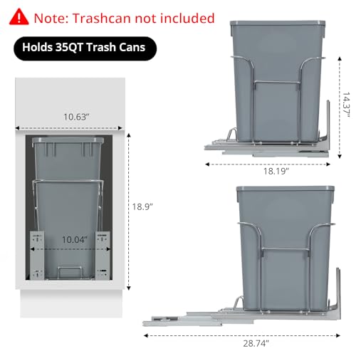 Garvee Steel Pull-Out Trash Cabinet for 35QT Can, Soft-Close Damping Slides, Anti-Rust Thick Slides, Fits 10.63x18.9 Inch Opening, Easy Roller Wheels, Space-Saving for Kitchen Cabinet, Silver by Garvee - Image 2