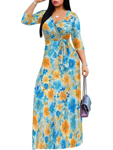 Image of Women's V Neck Floral Maxi Dress 3 /4 Sleeve Plus Size Boho Wrap Flowy Long Dresses with Belt