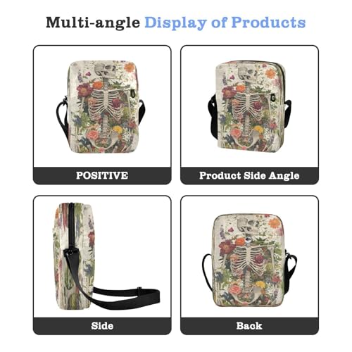 Crossbody Bag Gothic Skull Skeleton Newspaper Flower Messenger Bag for Women Men Purse Shoulder Bag Satchel Bag with Adjustable Strap 214B93884