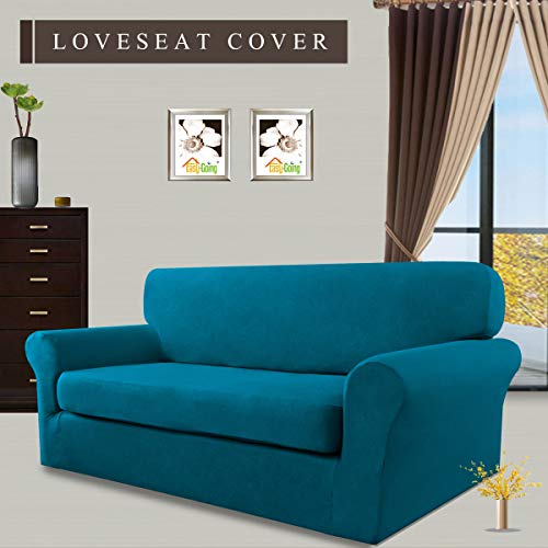 Image of Easy-Going 2 Pieces Stretch Loveseat Couch Sofa Slipcover Washable | Spandex Soft Fitted Sofa Couch Cover for Sofa Furniture Protector with Bottom Kids,Pet Dog Peacock Blue