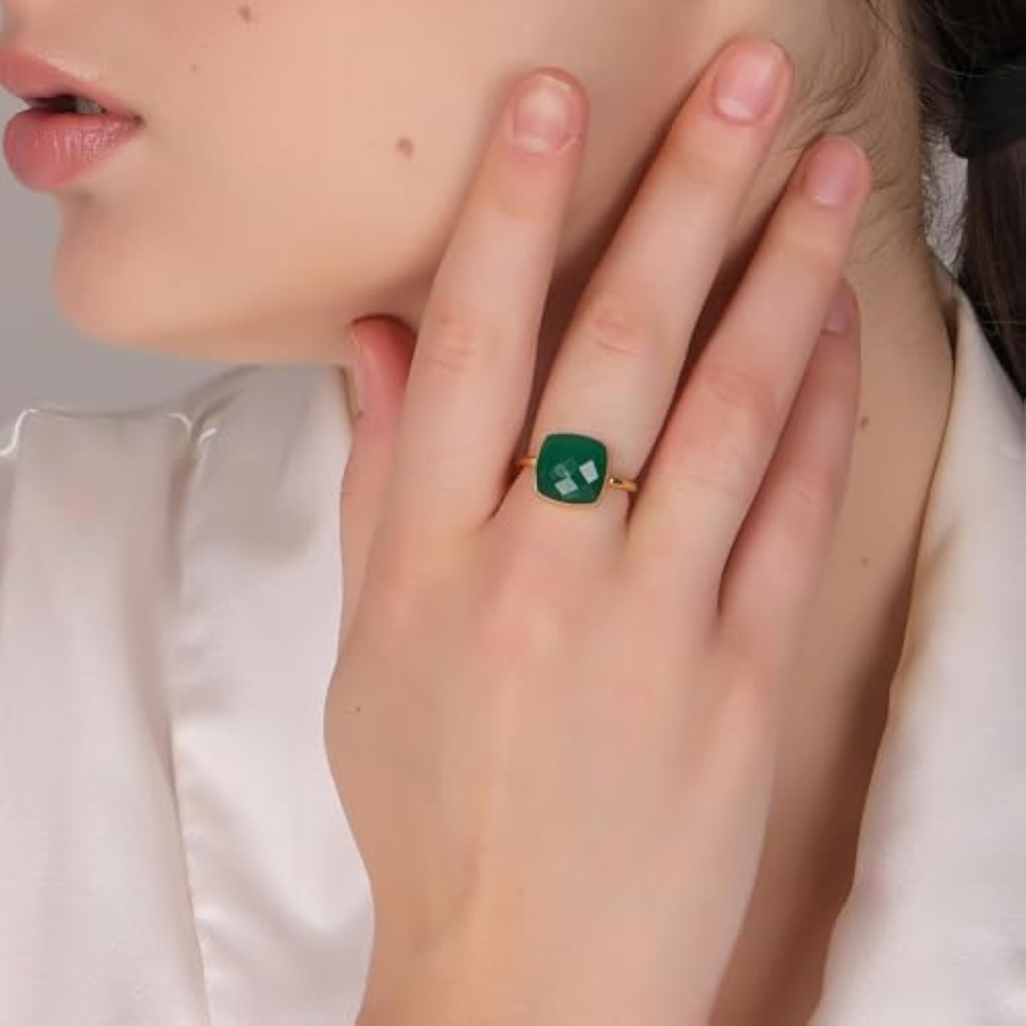 Green Onyx Cushion Ring, Artisan Gold Statement Ring, Gift for Her