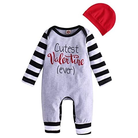 CM C&M WODRO Baby Boy Valentines day Outfit Romper Long Sleeve Stripe One Piece Bodysuit Jumpsuit with Hat Infant Clothes Set (Grey, 12-18 Months) Cover