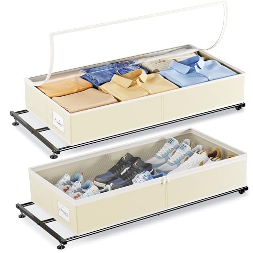 Yecaye Under Bed Storage with Wheels, 2 Pack Under Bed Storage Containers with Clear Lids, Rolling Underbed Organizer Drawer Bins for Clothes, Shoes, Blankets (Beige, 32 x 17 x 6.7 in)