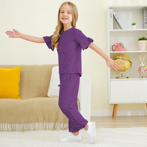 Image of Kids Girls Outfits Ruffle Sleeve T-Shirt Pants Set 2Piece 4-13 Years