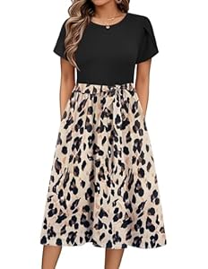 Zeagoo Kleider Damen Sommer Kurzarm Rundhals Kleider Casual Floral Kleid Elegant Tunika Strandkleid mit Taschen Florala M