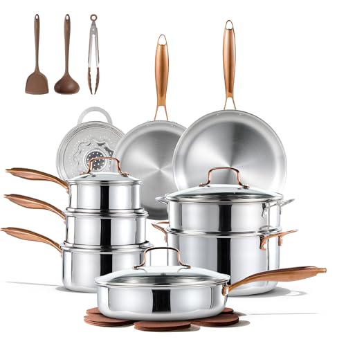 CAROTE 23pcs Tri-Ply Stainless Steel Cookware Set, Pots and Pans Set, Non Toxic Induction Kitchen