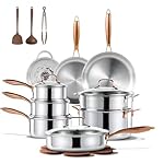 CAROTE 23PCS Tri-Ply Fully Clad Stainless Steel Cookware Set, Pots and Pans Set with Tempered Glass Lids, Induction Compatible, Oven & Dishwasher Safe
