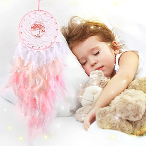 Nice Dream Pink Tree of Life Dream Catchers for Girls, Baby Nursery Decor Handmade Feather Wall Decor Hanging for Bedroom Home Ornaments - Thumbnail 5