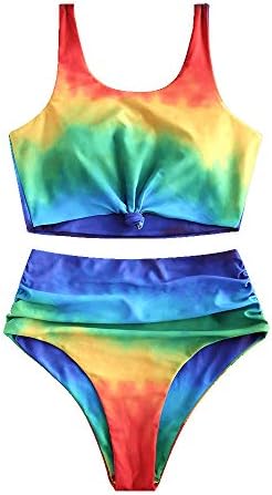 ZAFUL Women's Knot Scoop Neck Bikini Set Ruched High Waisted Two Piece Swimsuits Tankini