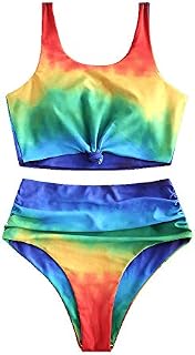 ZAFUL Women's Scoop Neck Knot Ruched Rainbow Tie Dye Two Pieces Swimsuit