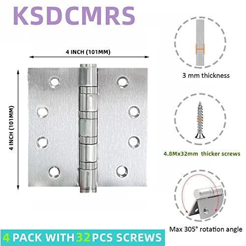 Stainless Steel Door Hinges, 4 "X 4" Inch Heavy Duty Ss304 For Salty Residential Environment Exterior And Interior Doors Security Swing,Non Removable Pin With Square Corner-4 Pack (4, Silver) #TOP2