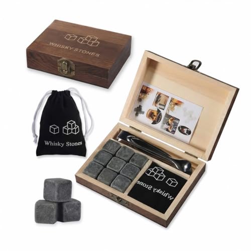 Coffret cadeau de 9 pierres à whisky pour homme en granit naturel pour bourbon scotch, kit de barman de qualité supérieure pour cocktails, bas de Noël en granit foncé