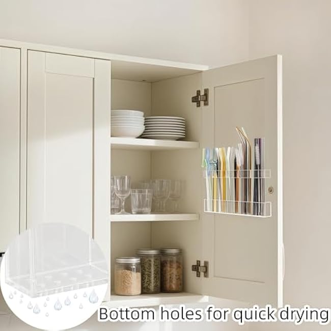 Acrylic Straw Holder for Cabinet Door - Reusable Straw Organizer with Strong Adhesive, Space for Kitchen Counter Cupboard