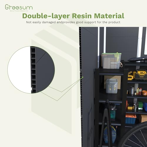 Image of Greesum 6x8FT Plastic Outdoor Storage Shed with Floor, Resin Sheds with Lockable Double Door, Tool Sheds with Window and Vents, for Backyard, Garden, Patio, Dark Gray
