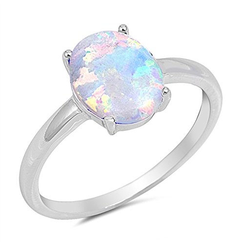 Oxford Diamond Co Solid Oval Lab Created White Opal .925 Sterling Silver Ring Size 9