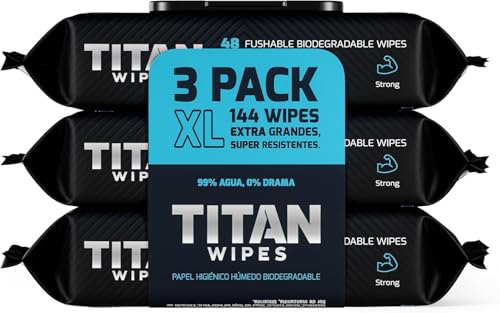 TITAN WIPES Papel Higiénico Húmedo Biodegradable EXTRA Grande y Resistente – 3pack 144 Toallitas Humedas XL 18×18 cm, 99% Agua, Aloe & Vitamina E, 0% Alcohol, Resistentes y Desechables por el WC