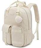VANKANY Cute Backpacks for Women, 17.3in Laptop Bag for Teen Girl Corduroy Bookbag for Middle High School College Students, Beige