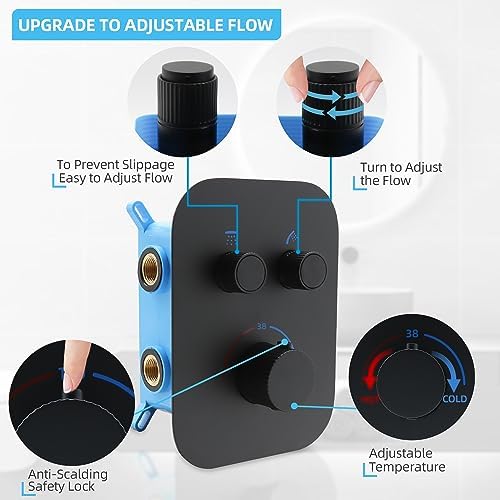Delnet Upgraded Thermostatic Shower Mixer Valve, Dual Function Brass Shower Valve, Concealed 2 Way Shower Diverter Valve Can Control Flow and On-Off Simultaneously, Matte Black