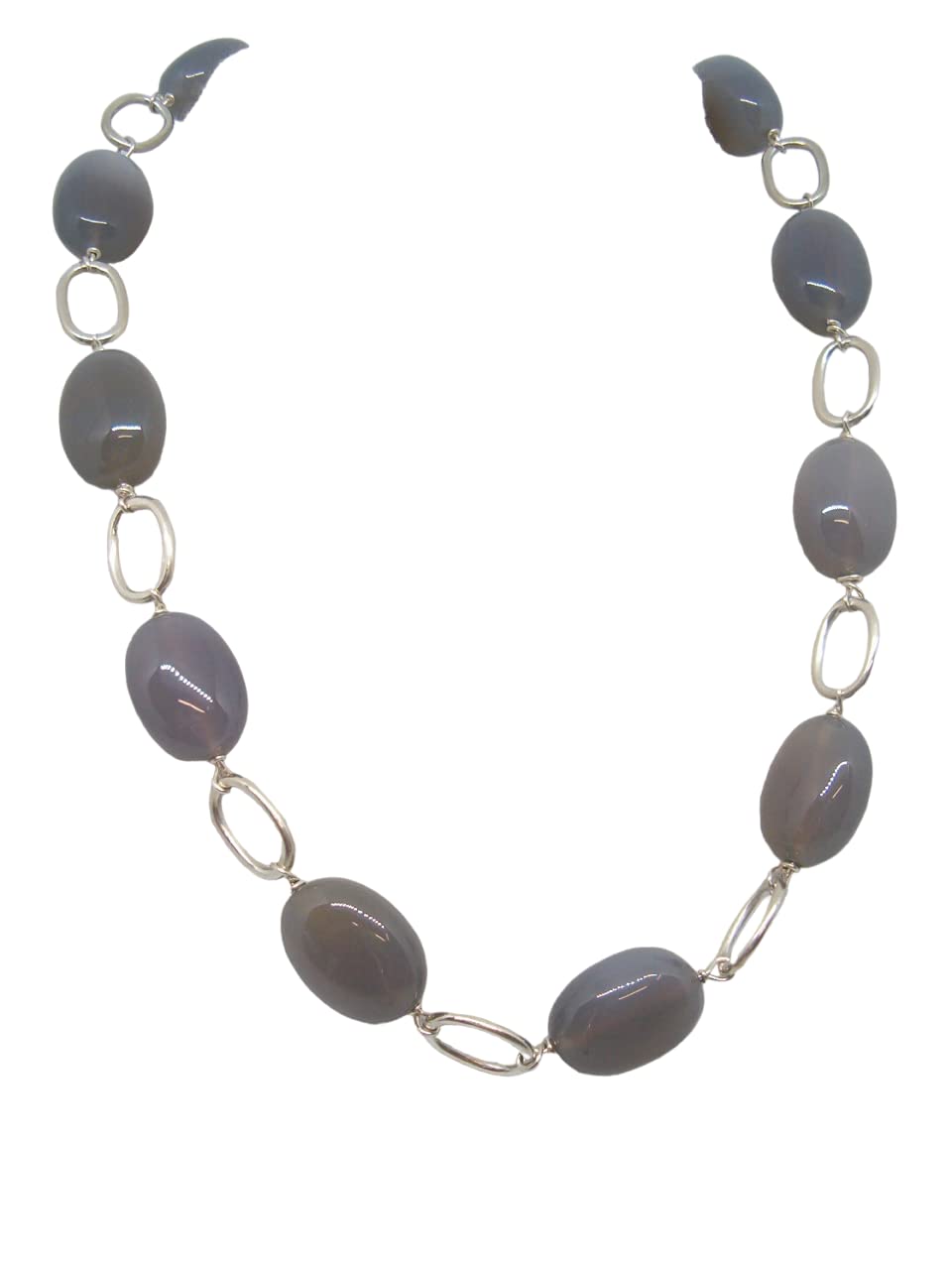 Collana in Argento 925 e Agata Grigia Naturale - Girocollo con Pietre Dure - Chiusura con Moschettone