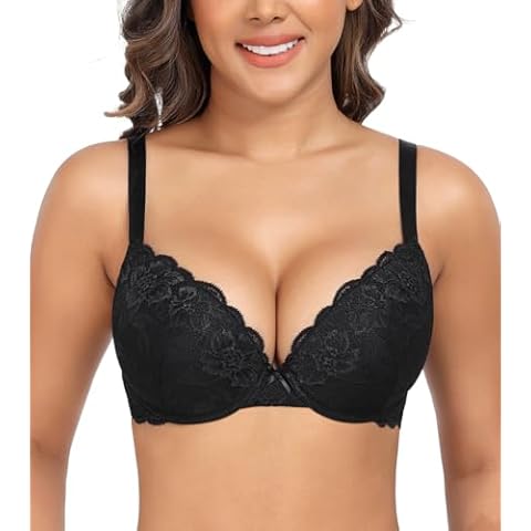Lemorosy Women's Push Up Bra Underwire Padded Lace Brassiere Plunge V Low Cut Sexy Floral Flower Lacey Everyday Bra (40C, Black) Cover