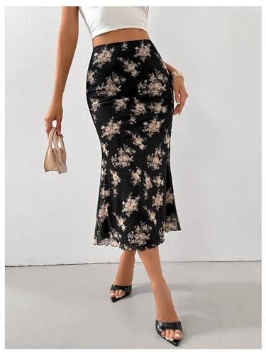 Verdusa Women's Floral Print Mesh Midi Skirt Boho High Waisted Bodycon Summer Skirts3