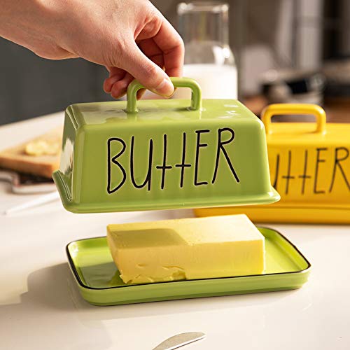 Sweejar Ceramic Butter Dish With Handle Lid, 7.3 Inch Porcelain Large Butter Keeper With Cover, Perfect For East/West Butter (Green) #TOP4