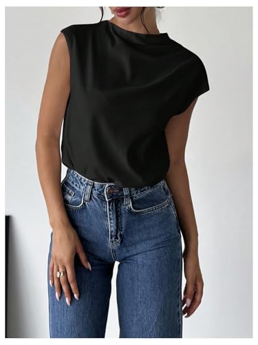 MakeMeChic Women's Draped Neck Tops Cap Sleeve Mock Neck Keyhole Work Shirt Summer Blouse4