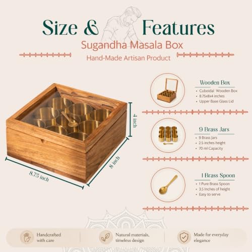 Image of Sugandha Acacia Wood & Brass Masala Box with 9 Brass Containers | 150ml Brass Spice Bowls | Handcrafted Wooden Masala Box Organizer | Kitchen Spice Storage Box | 8.75 x 8 x 4 Inches