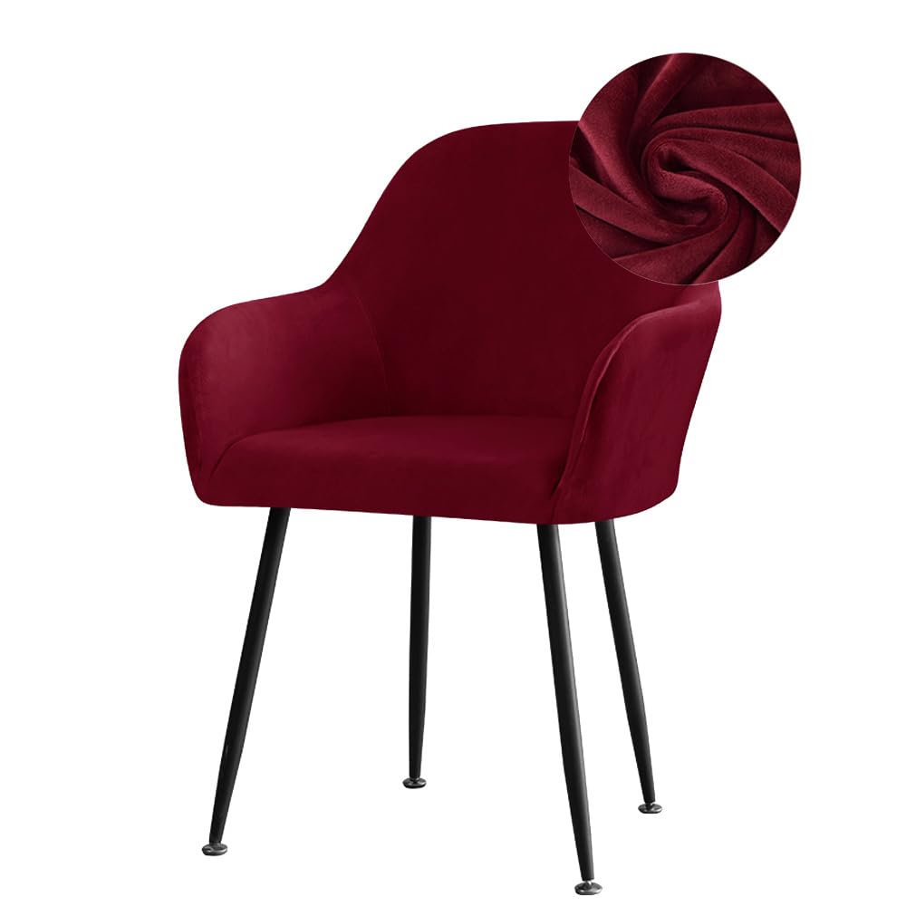 Highdi Stretch Dining Chair Covers Velvet Curved Back Chair Slipcovers with Armrest, Vanity Swivel Armchair Cover Removable Washable for Dining Room Wedding Party Hotel (Burgundy,2 PCS)