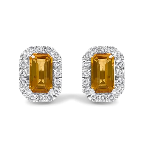 10K White Gold 5x3mm Emerald-Cut Orange Citrine and 1/7 Cttw Diamond Halo Octagonal Stud Earrings (I-J Color, I1-I2 Clarity)