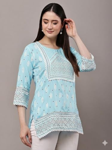 Image of Women's Pink Printed Short Kurti with Lace Trim, 3 /4 Sleeves, Ethnic Indian Style Top