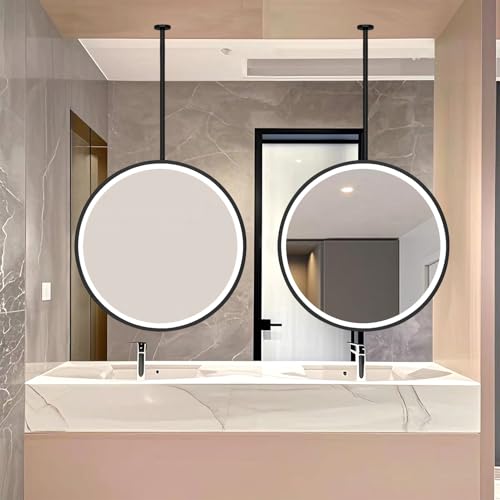 Espejo de baño con Barra para Colgar en el Techo, Espejo de Pared con luz LED, Espejo de Maquillaje Redondo Negro con Marco de Metal - Personalizable(Diameter-70CM/27.6INCH)