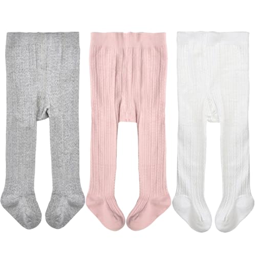 Image of EPEIUS Baby Girl Tights Cable Knit Cotton Seamless Footed Leggings 0-6Y | STAY-UP BABY TIGHTS. High elastic waist, smooth toe. Fits 0-3m newborn, infant & toddler. Ideal for daily wear & dresses.