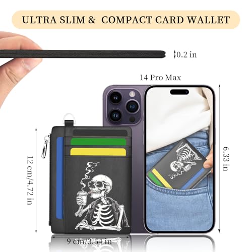 Image of Hancynir Slim Wallet Women Credit Card Holder, Skull Skeleton RFID Blocking Small Mini Card Wallets, Funny Front Pocket PU Leather Card Case, Thin Travel Zipper Coin Cash Ladies Female Wallet Gifts