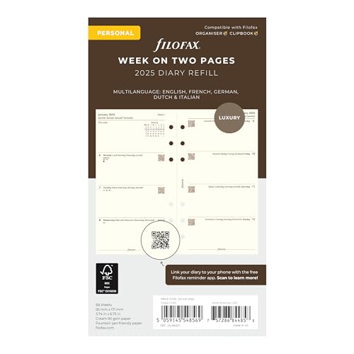 Filofax Calendar Diary Refill, Personal/Compact Size, Week-to-View, Cotton Cream Paper, Unruled, Multilingual: Five Languages, 2025 (C68413-25) by Filofax - Used condition - CA$2.14