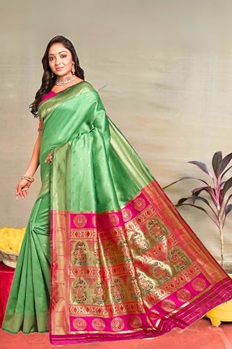 Image of C J Enterprise Women's Pure Kanjivaram Silk Saree Paithani Soft Wedding Sarees With Blouse Piece (Chand paithani)