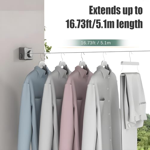 Kazaigou Retractable Clothesline Indoor, Non-Sagging Clothes Line Indoor & Outdoor,5.1M/16.73Ft Heavy Duty Clothes Drying Laundry Line, Wall Mounted Stainless Steel Line with 20pcs Windproof Hooks - Image 3