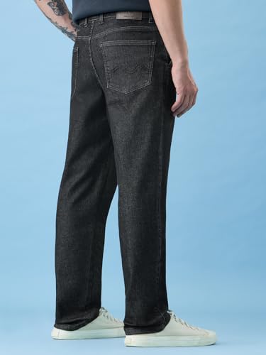 Image of The Souled Store Pleated Denim: Charcoal Men and Boys Zip Fly Washed Cotton Spandex Lightweight Stretchable Everyday Pleated Front Straight Fit Denim Jeans