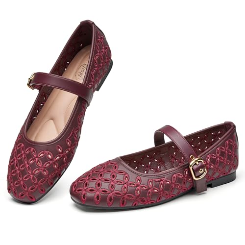 Trary Mary Jane Shoes Women, Hollow Flats for Women, Ballet Flats Shoes Round Toe Mary Jane Flats,Burgundy Flats Shoes Dressy Comfortable Size 10